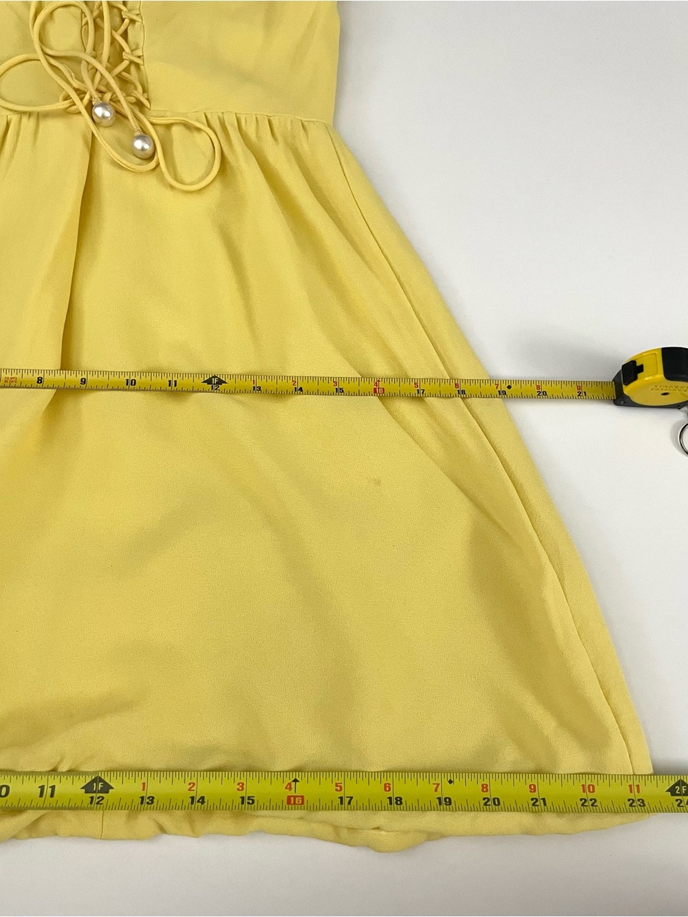 Vintage 60s Lemon Yellow Lace Up Corset Waist Dress Sleeveless Fit & Flare - Picture 12 of 16